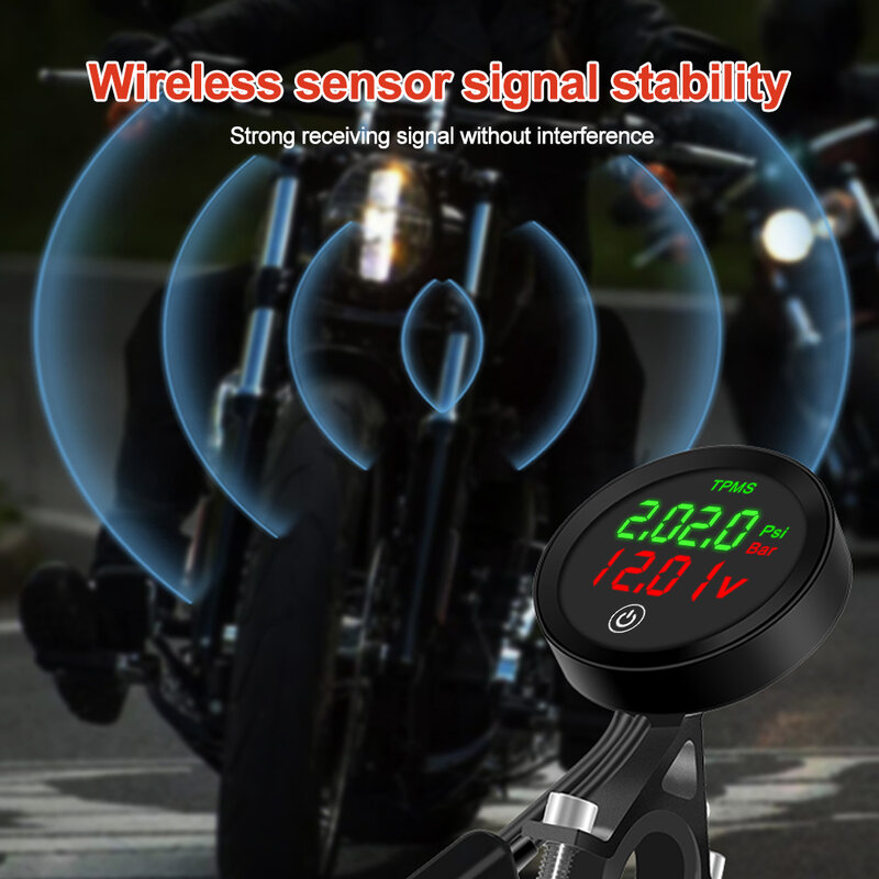 Sistema di monitoraggio della pressione dei pneumatici Wireless per moto Kit sensore di allarme per manometro per pneumatici per moto con ricarica USB per telefoni cellulari