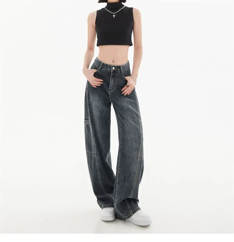 Jeans Y2K Baggy cargo feminino, calça jeans Harajuku, calça jeans estética de cintura alta, roupas japonesas vintage e lixo, estilo anos 2000