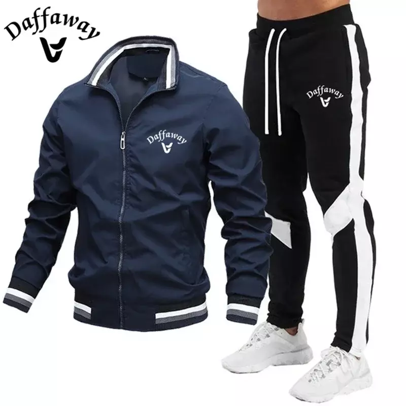 Conjunto de jaqueta de beisebol Daffaway masculina, gola gola alta, casual, calça emendada, primavera e outono, 2022