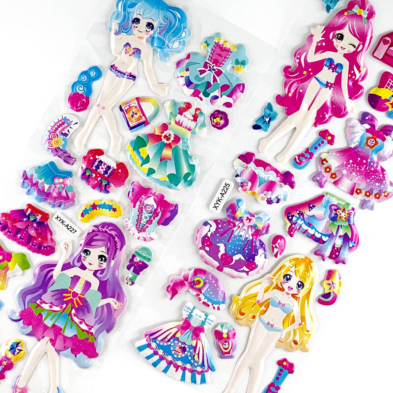 8 장/세트 만화 드레스 소녀 스티커 귀여운 3D 거품 거품 DIY 스티커 어린이 스크랩북 생일 선물, 어린이 스티커