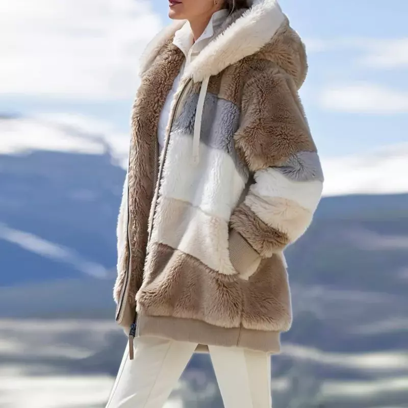 Jaket Fashion musim dingin wanita, mantel bertudung 2024, ritsleting tebal, jaket wanita kasmir jahitan kotak-kotak