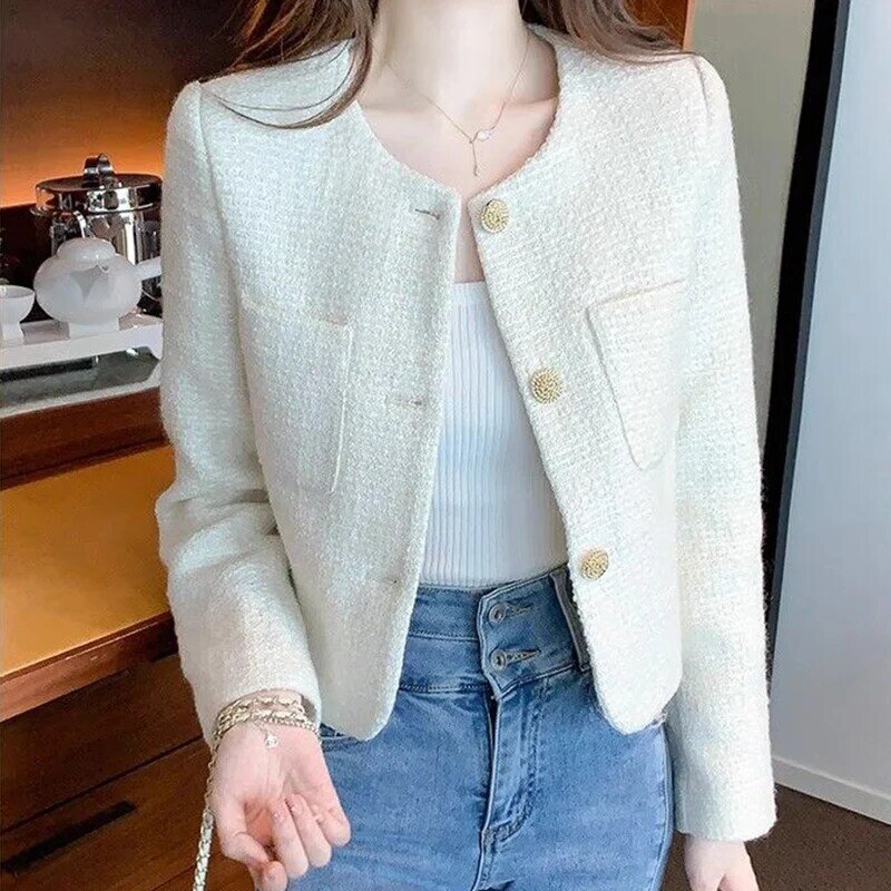 Rimocy koreanische Mode Tweed kurze Jacken für Frauen 2024 Frühling Rundhals ausschnitt schicke Mantel Frau beige Einreiher Jacke weiblich