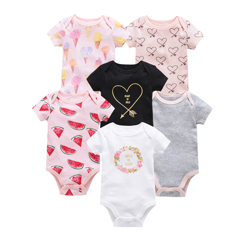 Algodão das meninas do bebê Bodysuit de manga curta, recém-nascido Vestuário, Criança, 0-12 meses, 3 6 Pcs por lote