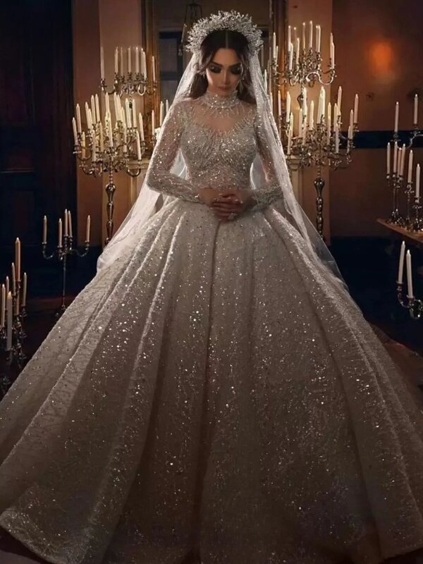 فستان زفاف الأميرة اللامع ، دبي مطرز ، عربي ، أكمام طويلة مطرزة ، رقبة عالية ، فساتين زفاف رائعة ، تول