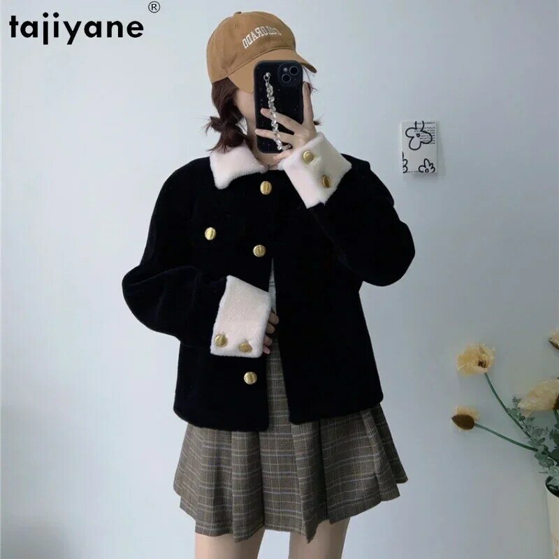 Tajiyane 여성용 양 시어링 재킷, 스퀘어 칼라 100%, 퓨어 울 코트, 향기로운 짧은 모피 코트, 자케타 여성, 가을 겨울