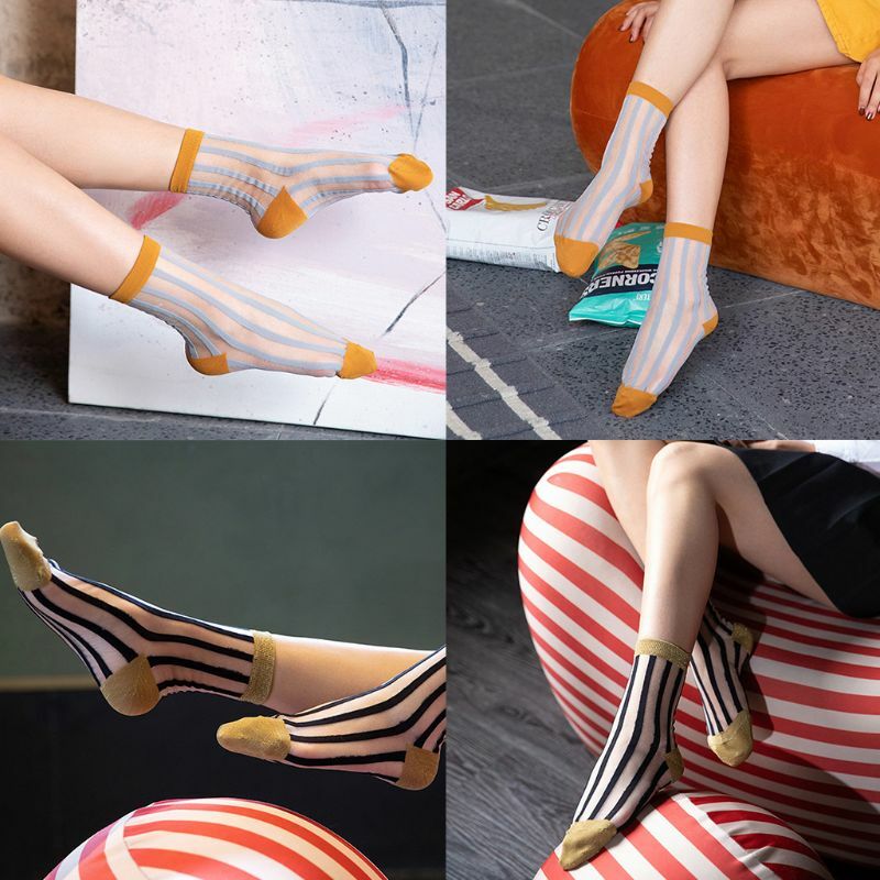 Meias femininas ultrafinas e respiráveis ​​de fibra vidro, meias longas no tornozelo, cor contrastante, listras verticais,