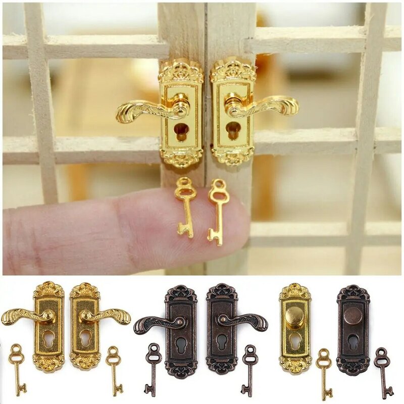 Dollhouse Lock Key Set, maçanetas de porta em miniatura, maçanetas de latão, mini móveis, Pull Doll, estilo retro, DIY Acessórios, escala 1:12