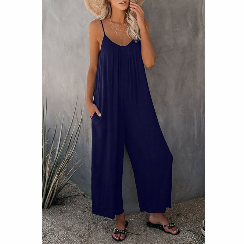 Summer New Women's Trousers Cross-border Solid Color Pocket Loose Casual Suspender Jumpsuit