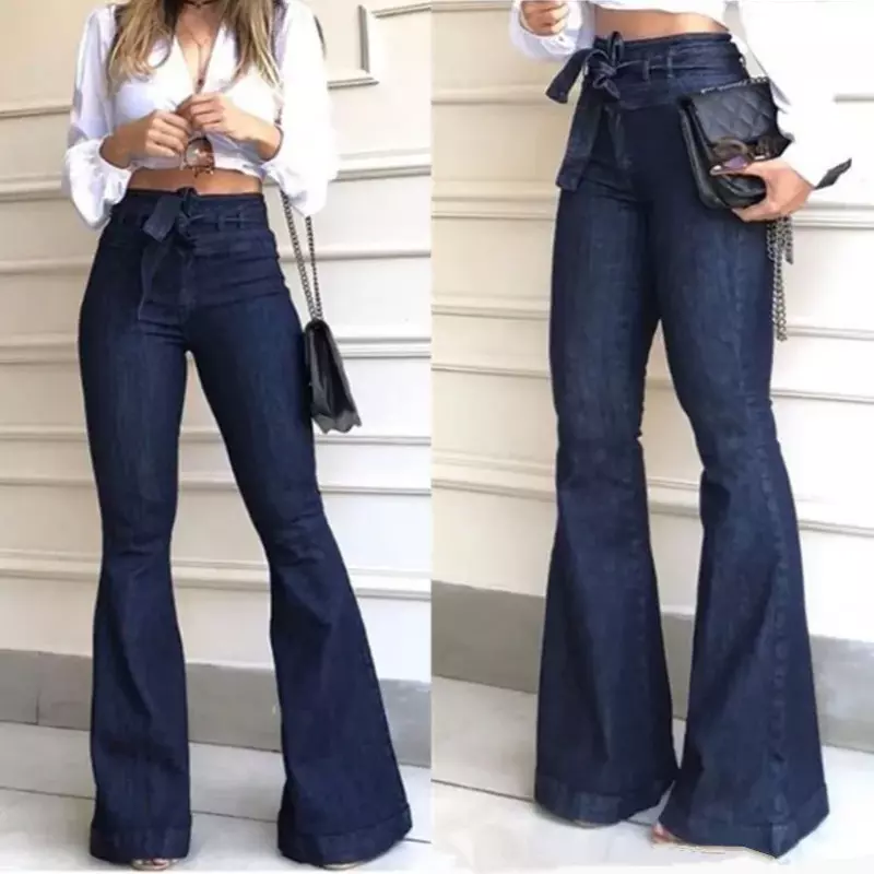 Frauen Jeans einfarbig hohe Taille Flare Hosen Reiß verschluss fliegen flache Taschen Streetwear schlanke Patchwork-Knopf leichten Stretch gürtel