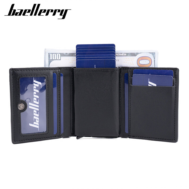 Baellerry-billeteras cortas RFID para hombre, cubierta de tarjeta emergente con grabado de nombre gratis, billetera Simple para hombre, soporte para fotos, Clips para dinero