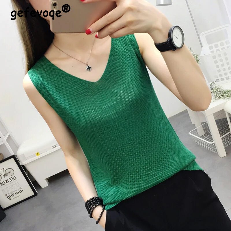 Summer New V-neck Solid Color Knitting Tank Top Women Sleeveless Casual Fashion Oversized Tee Ladies All-match Pullover T-shirt