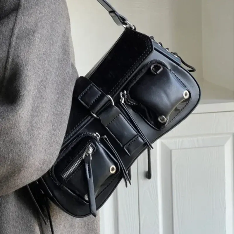 Women Harajuku Vintage Gothic Black Y2K Korean Hand Bag Aesthetic Elegant Punk Wallet Purse Handbags Shoulder Trend Tote Bags