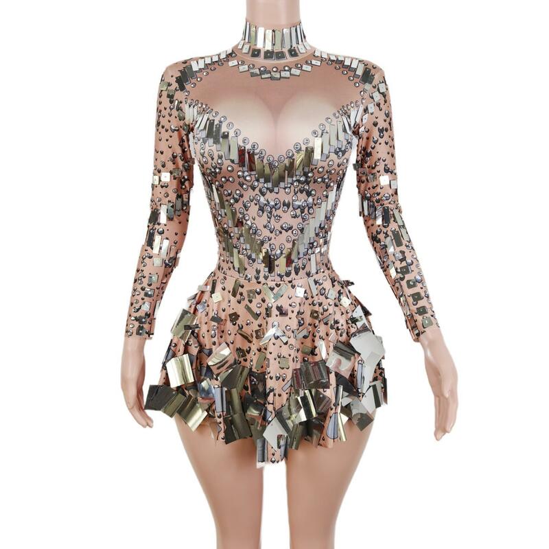 Sparkly Silver Mirror Rhinestones Short Dress Long Sleeve Women Celebrate Evening Birthday Dress Sexy Party Wear Outfit