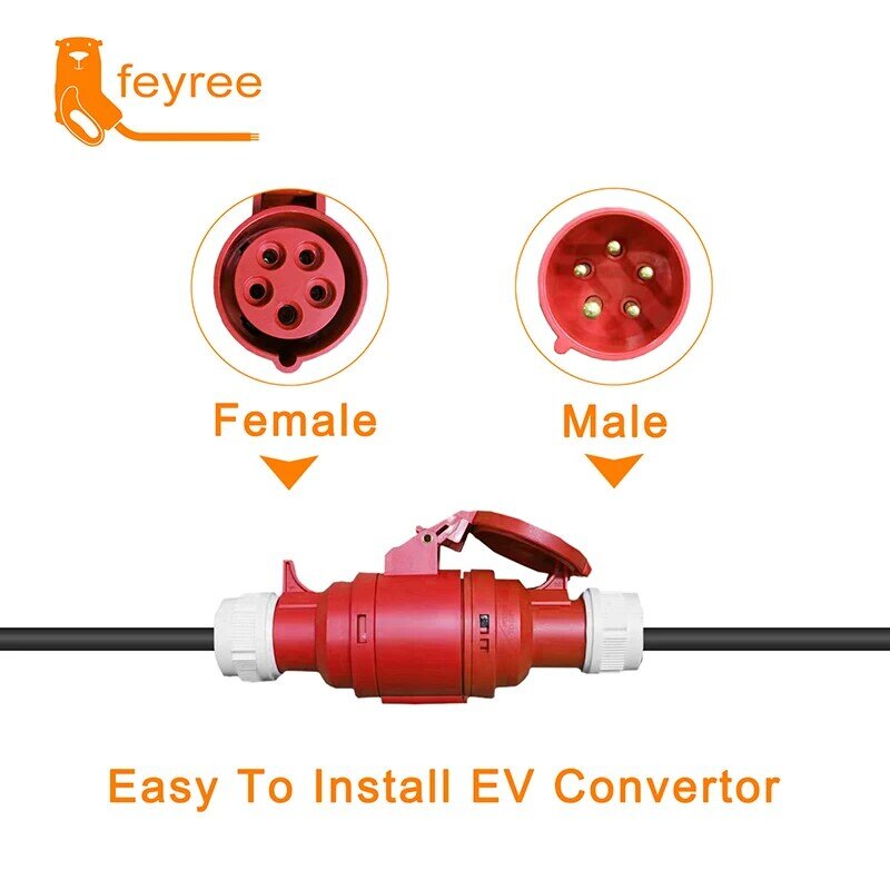 Feyree شاحن سيارات كهربائية Schuko التوصيل إلى CEE الأحمر قوة أنثى التوصيل 5 دبابيس محول مأخذ التوصيل الاتصال مع 16A 3 المرحلة 11KW شاحن محمول