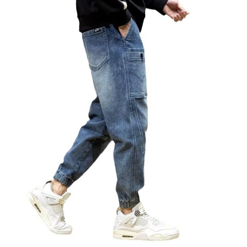 Jeans de cintura elástica masculino, punhos encolhíveis, jeans casual, multi bolsos, jeans hip-hop, calças de corrida, streetwear
