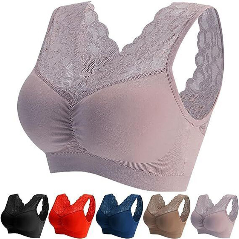 Sexy Lace Bras for Women Perspective Full Cup Solid Color Brassiere V-Neck Seamless Crop Top Female Push Up Breathable Lingerie