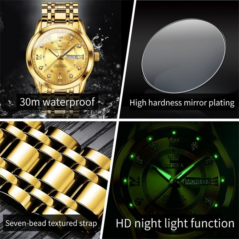 Olevs Quartz Horloge Voor Heren Luxe Diamanten Gouden Horloge Waterdicht Lichtgevend Rvs Business Heren Quartz Horloge Heren Horloge