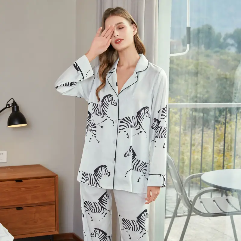 Pijama de cetim estampado zebra feminino, pijama solto, loungewear, calças, camisola, roupa de casa, pijamas de verão, novo