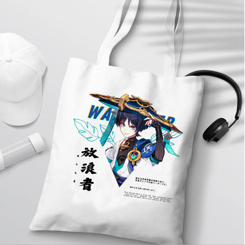 Genshin Impact-Bolsos de compras con estampado de Scaramouche para mujer, bolso de mano de dibujos animados, bolsos de lona, bolso ecológico