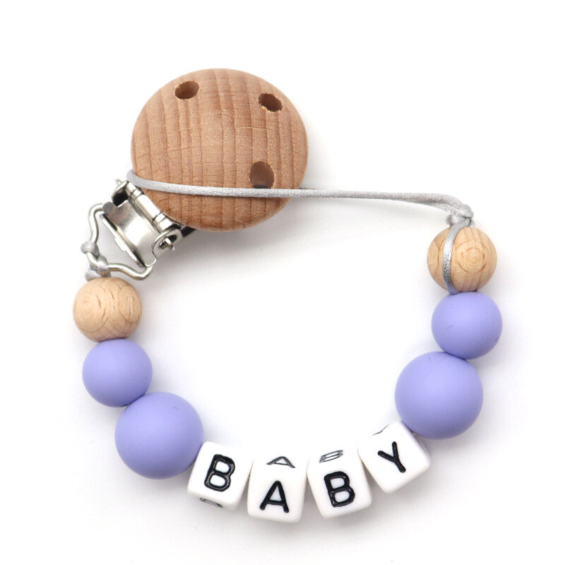 Clips de madera para chupete de bebé, mordedor de silicona con nombre personalizado, soporte para pezón, cadena de Clip, juguetes de dentición, accesorios para recién nacidos
