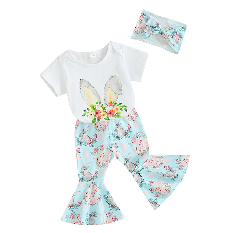 Baby Girl Easter Outfit Letter Bunny Print Short Sleeve Romper Flared Pants Bell Bottoms Headband Summer Clothes