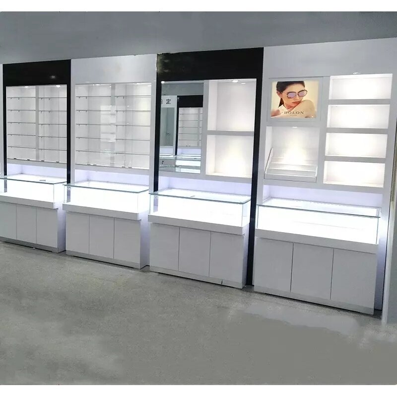 Vitrina de madera personalizada para tienda de gafas de sol, escaparate de exhibición óptica con luces Led, diseño de muebles de tienda óptica