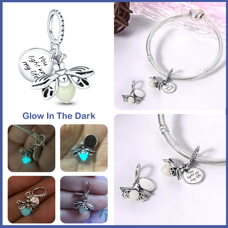 Luminosa Pandora 925 encantos de prata para fazer jóias DIY, pulseiras camaleão, vaga-lume, borboleta, pérolas finas, encantos originais