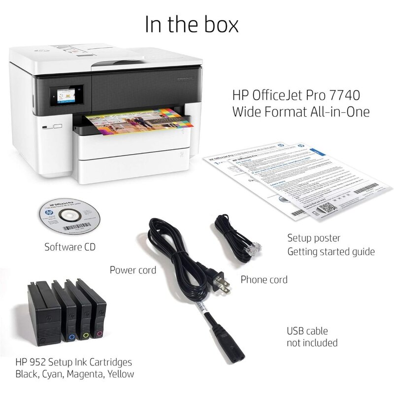 Officejet pro 7740ワイドフォーマットオールインワンカラープリンター、ワイヤレス印刷、alexa、g5j38a、白と黒で動作