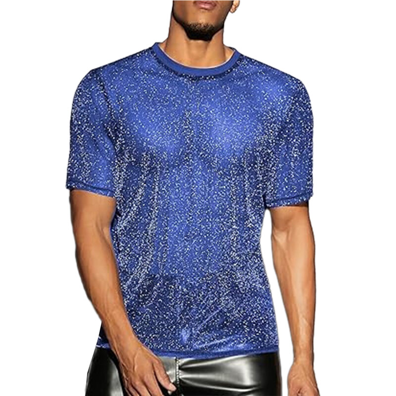T-Shirt Herren Top Mesh Nachtclub Polyester regulären Rundhals ausschnitt durchsichtig Kurzarm Bluse Kostüm brand neu