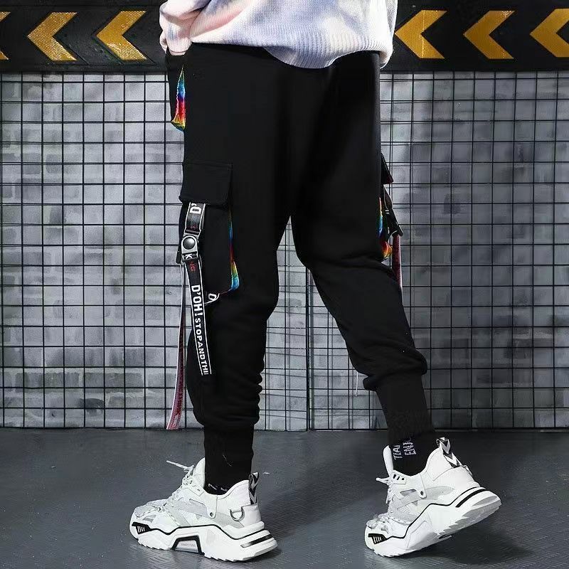 Pakaian jalanan klasik celana panjang pria celana panjang pria kasual taktis saku celana kargo pita huruf joging Hip Hop KZ98