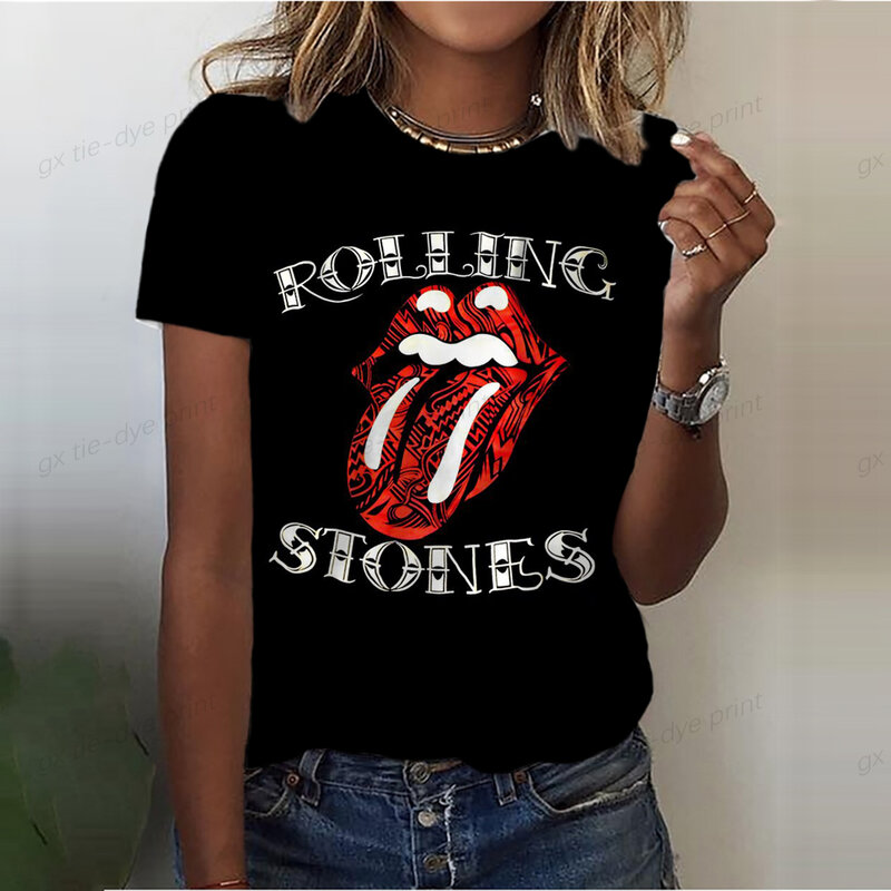 Camiseta de manga curta extragrande feminina, roupa solta, Rolling Stones, lipprint sexy, tops com o pescoço, verão