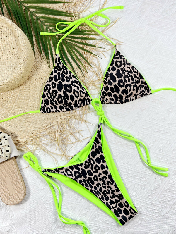 Bikini de leopardo triangular para Mujer, bañador Sexy de 6 colores, conjunto de Bikini con cuello Halter, traje de baño para playa
