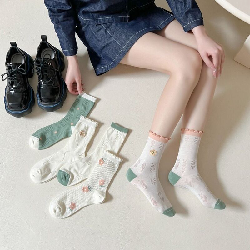 Cute Summer Flower Print Japanese Creative Fashion Solid Color Short Hosiery Women Socks Cotton Mesh Socks