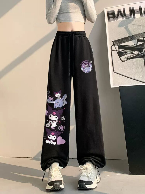 Sanrio słodkie Kuromi czarne spodnie z szerokimi nogawkami dla kobiet nowe w stylu Casual, z paskiem spodnie sportowe z wysokim stanem estetyczne spodnie Hip Hop 2000s