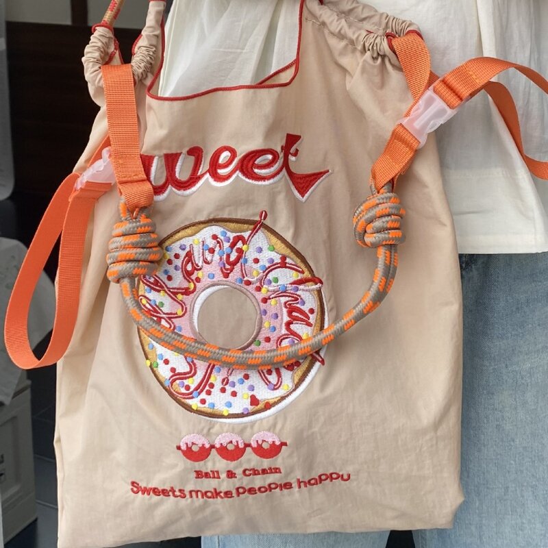 Grande Donut bordado sacola para mulheres, alça de corda bolsa de ombro, bolsas de designer, Nylon Drawstring Eco sacos, Shopper bolsas