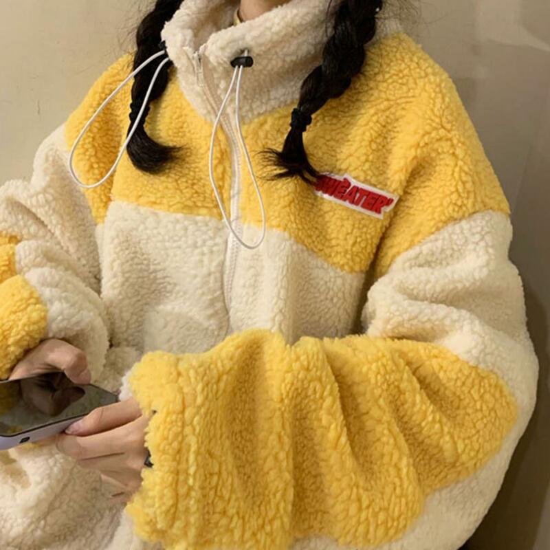 Women Winter Coat Colorbblock Thick Soft Plush Big Pockets Long Sleeve Drawstring Coat
