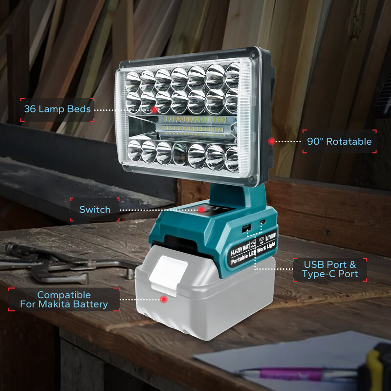 Makita-Lampe de travail LED avec port USB de type C, éclairage de secours extérieur, lampe de poche, batterie 18V, sans batterie, 28W, 2000LM