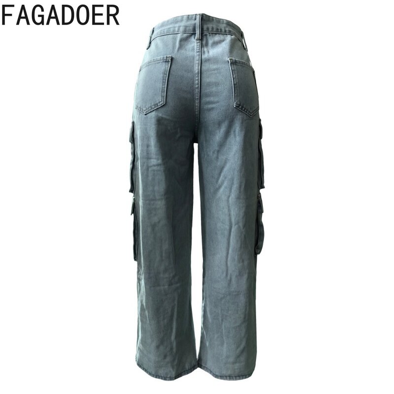 Calças cargo com perna larga Fagadoer para mulher, calça jeans de cintura alta com bolso, reta, com botão, estilo cowboy, moda, 2024