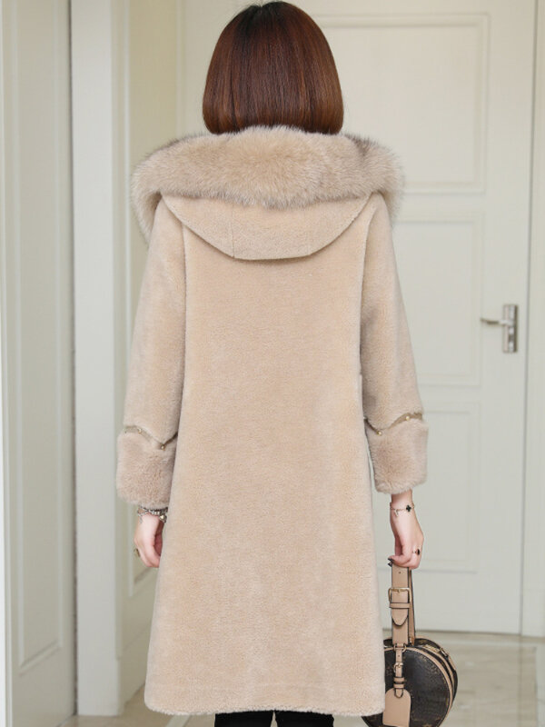 2023 Real Fur Coat Winter Jacket Women Natural Fox Fur Collar Hooded X-long Outerwear Streetwear Thick Warm Knit Fashion