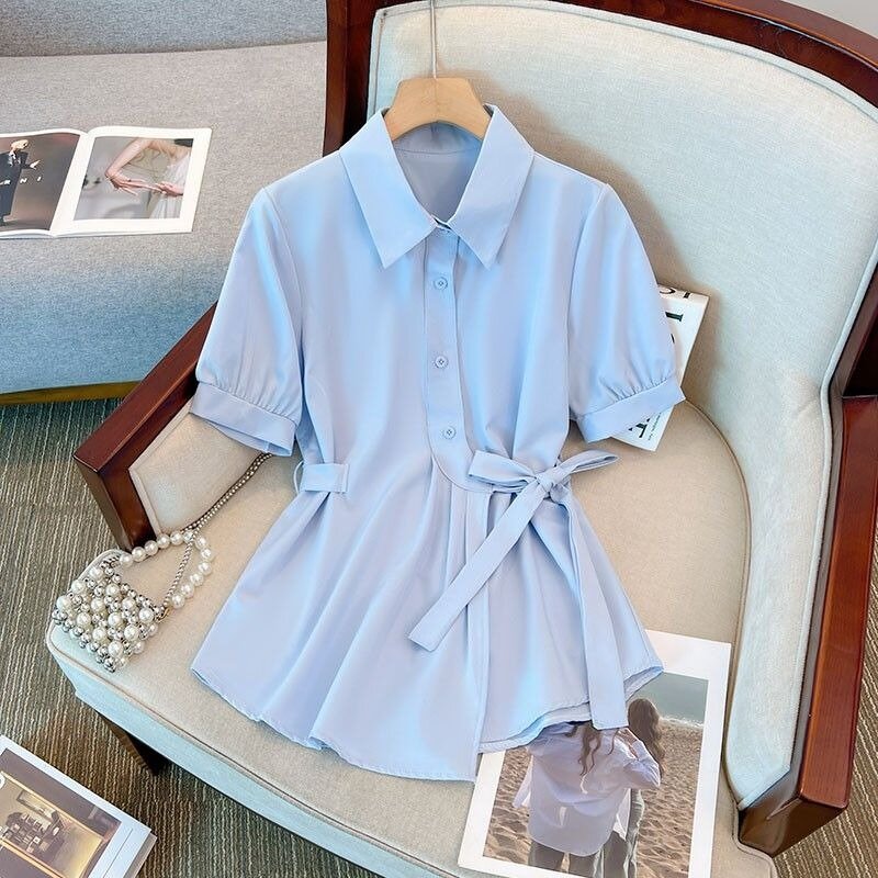 Minimalist ische lässige Sommer Frauen neue Patchwork Polo-Ausschnitt Knopf Bandage Mode einfarbige schlanke Kurzarm hemden