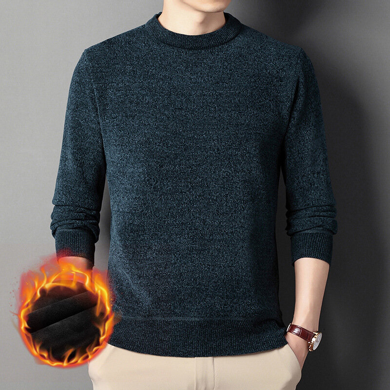 เสื้อสเวตเตอร์ให้ความอบอุ่นหนาสำหรับผู้ชายเสื้อสเวตเตอร์ถักแขนยาวคอกลมสีพื้น MODE Korea สำหรับฤดูใบไม้ร่วงและฤดูหนาว