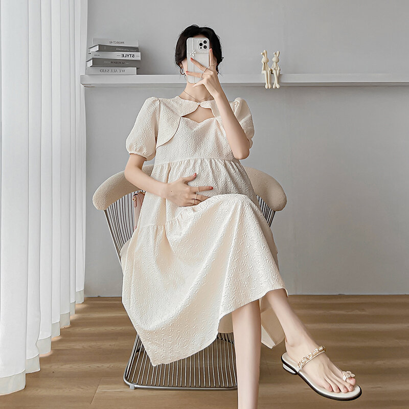 Vestido de fiesta de estilo coreano para mujer embarazada, ropa de maternidad elegante de manga corta, corte en A, talla grande, verano, 2024