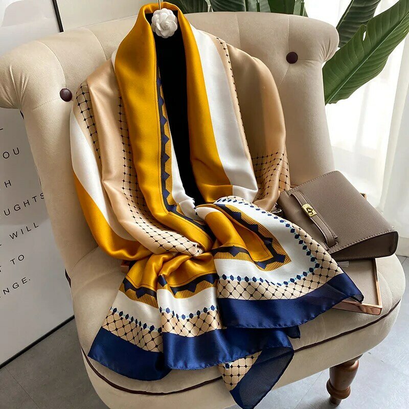 Lenço de seda estampado quente para mulheres, marca de luxo, cachecóis populares, xale com acabamento acetinado, Four Seasons Hijab, moda, 180x90cm