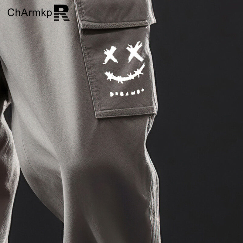 Charmkpr-Calça Masculina Streetwear Cargo com Cintura com Cordão, Sweatpant Longo, Bolso de Impressão, Moda Verão, S-2XL, 2024