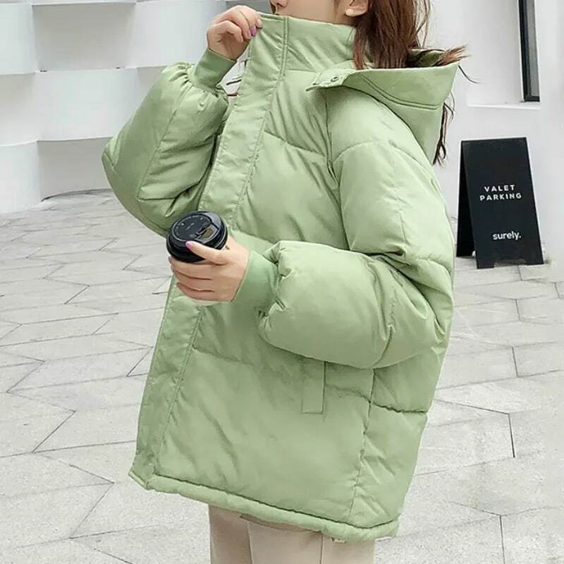 Jaqueta solta com capuz feminino, casaco acolchoado feminino, grande, curto, estilo coreano, monocromático, moda, novo, inverno, 2022