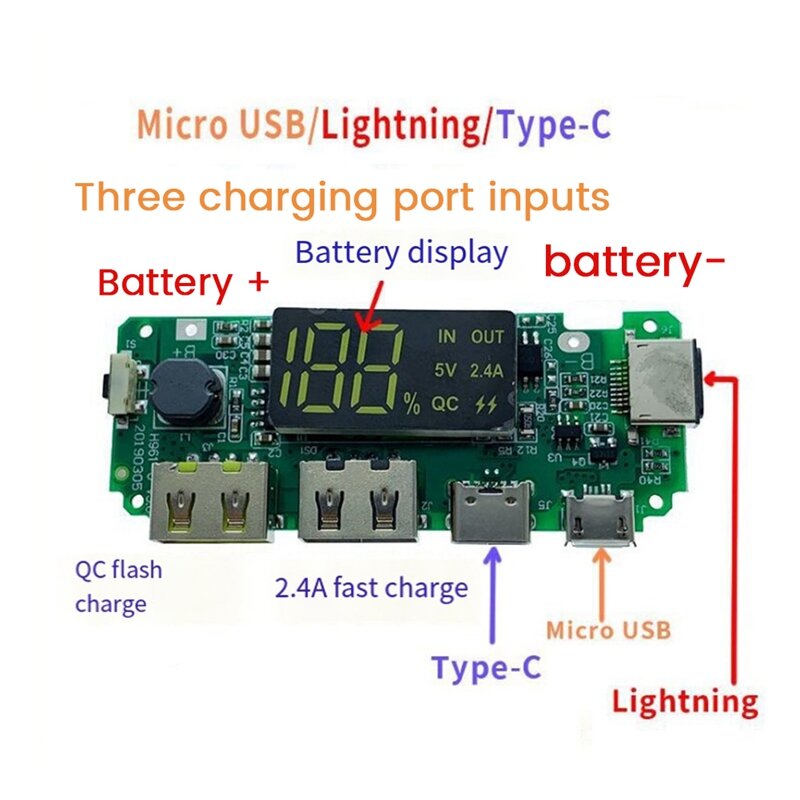 デジタルディスプレイ付きリチウム電池,3充電ポート,取り付けが簡単,18650, 5v,2.4a
