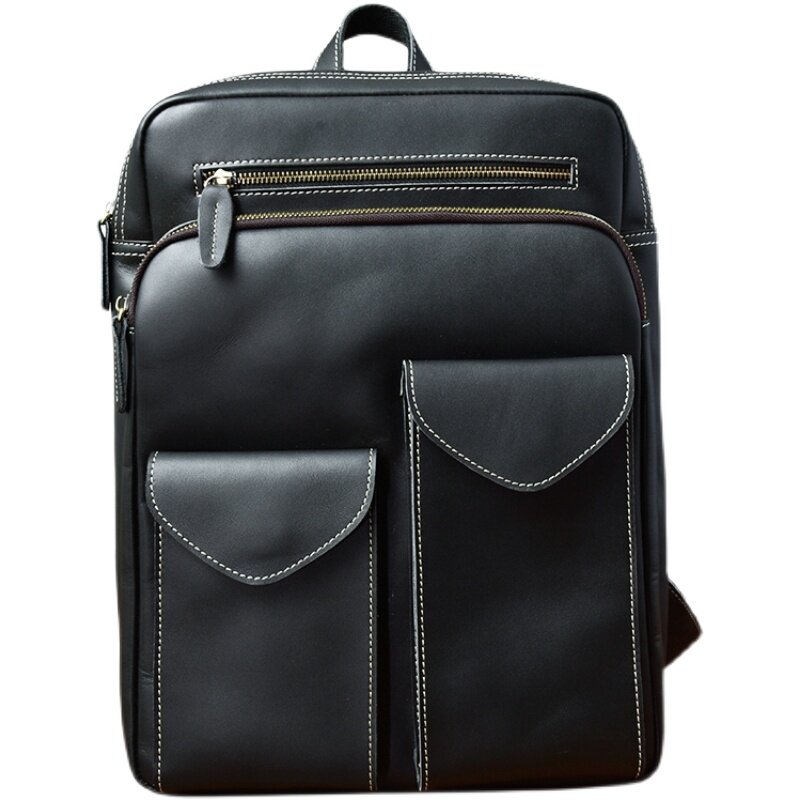 High Quality Retro Thin Multi-Compartment Black Leather Backpack Genuine White Line Travel Schoolbag