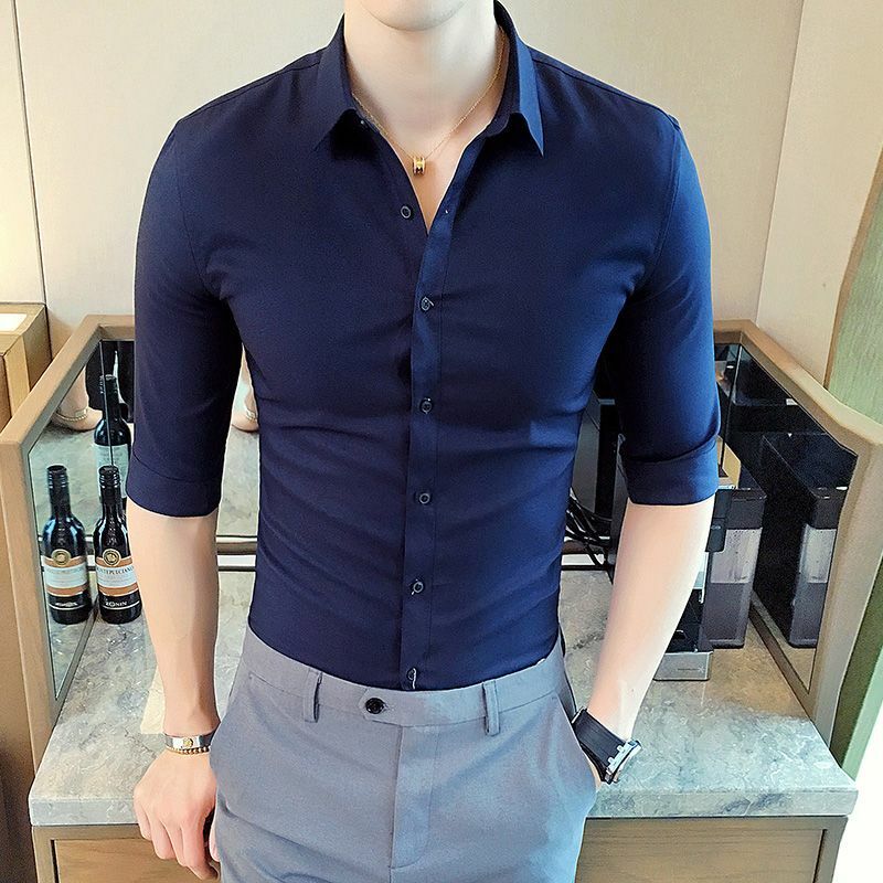 男性用七分袖シャツ,シンプルなファッション,英国スタイル,単色,ラペルボタン,用途が広い,薄いトップ,春