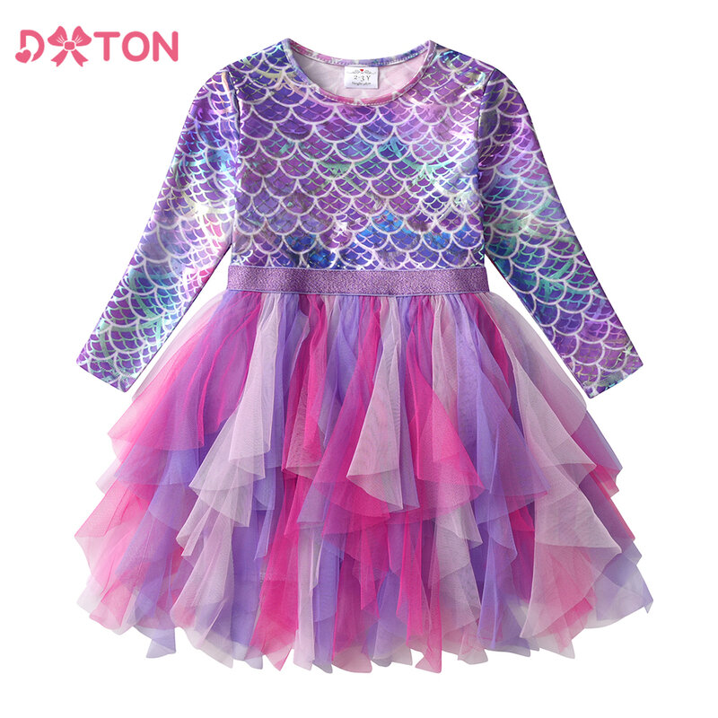 Dxton Herbst Prinzessin Kleid Meerjungfrau Kinder Geburtstags feier Mädchen Kleid unregelmäßig geschichteten Abschluss ball Kinder Langarm Kostüme 3-8y