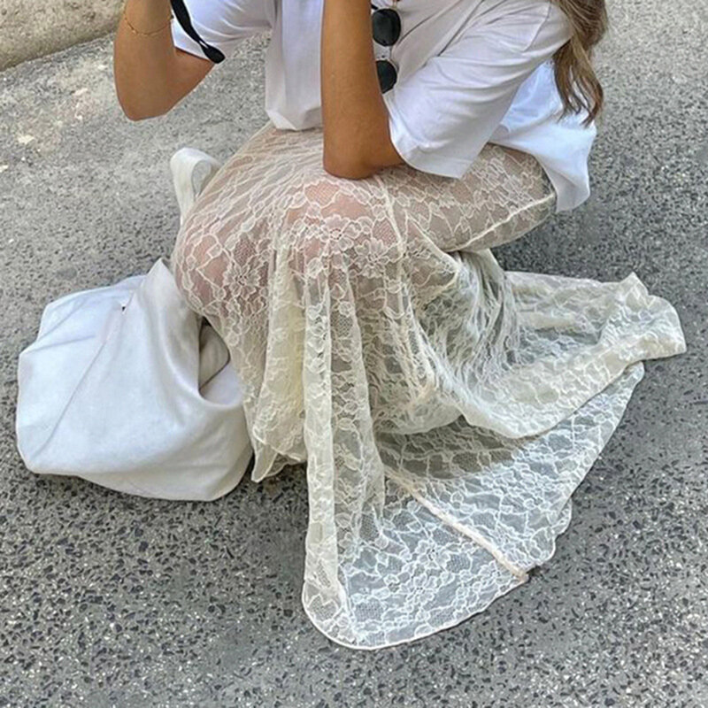 Fashion Women's Skirts Summer Fishtail Skirt Casual Floral Lace Skirt for Beach Vacation Club Streetwear Aesthetic Clothes